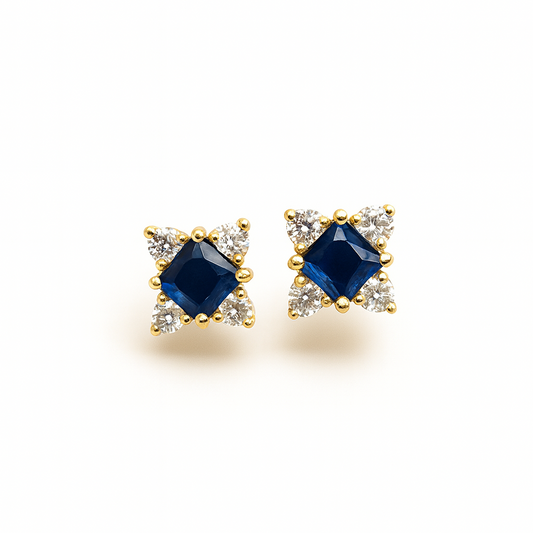 Sapphire Stud  Earrings – 18K Gold Micron Plated Princess-Cut with Zircon Halo