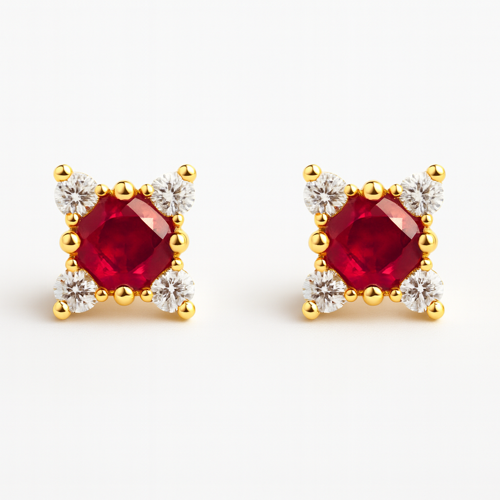 Ruby Stud  Earrings – 18K Gold Micron Plated Princess-Cut with Zircon Halo