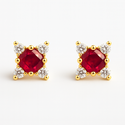 Ruby Stud  Earrings – 18K Gold Micron Plated Princess-Cut with Zircon Halo