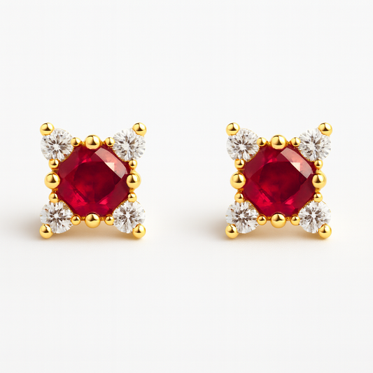 Ruby Stud  Earrings – 18K Gold Micron Plated Princess-Cut with Zircon Halo