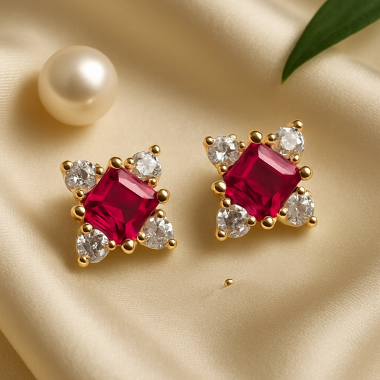 Ruby Stud  Earrings – 18K Gold Micron Plated Princess-Cut with Zircon Halo