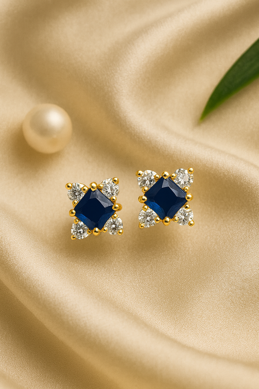 Sapphire Stud  Earrings – 18K Gold Micron Plated Princess-Cut with Zircon Halo
