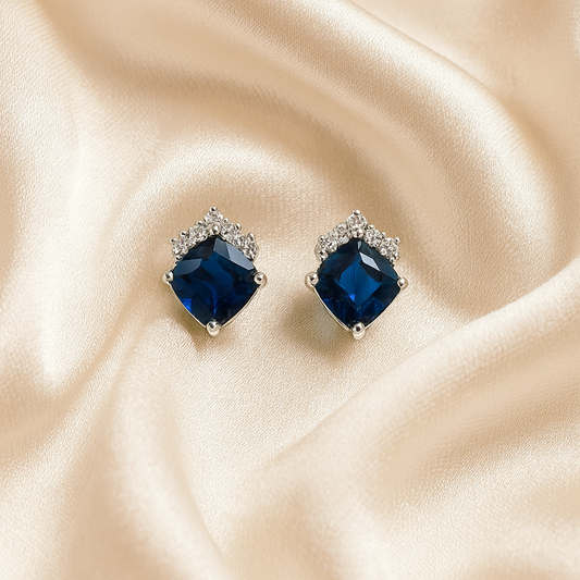 Sapphire Stud  Earrings – Rhodium Plated Crown Design