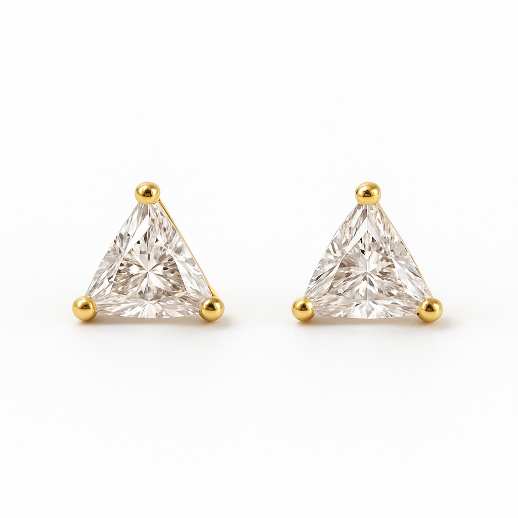 CZ Diamond Stud Earrings – 18K Gold Micron Plated Trillion-Cut Design