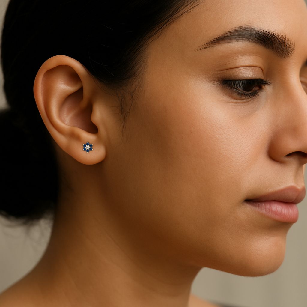 18K Gold Plated Floral Design - Sapphire Stud Earrings
