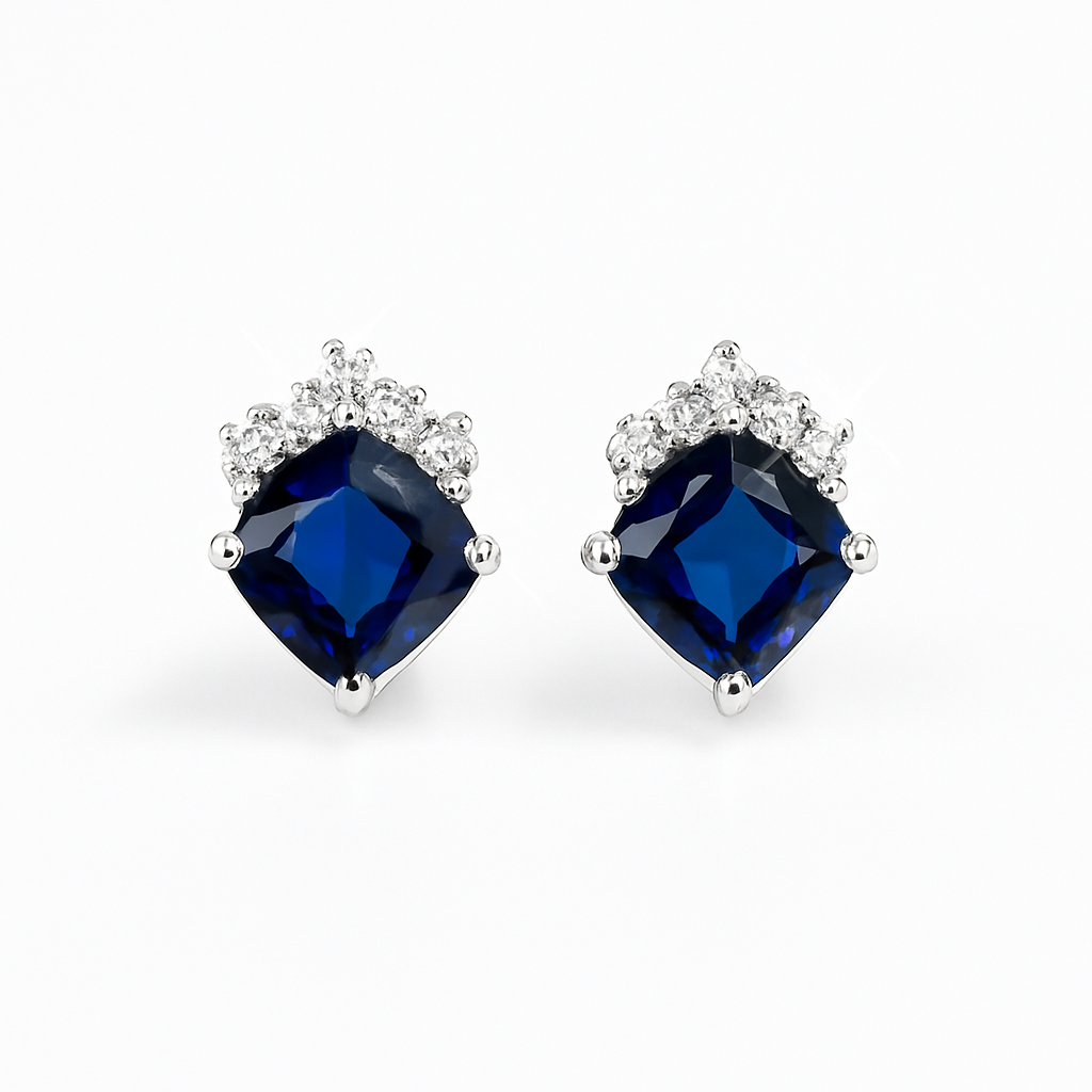 Sapphire Stud  Earrings – Rhodium Plated Crown Design