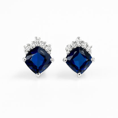 Sapphire Stud  Earrings – Rhodium Plated Crown Design