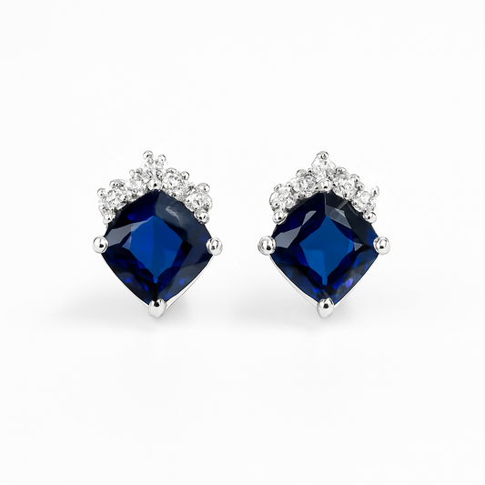 Sapphire Stud  Earrings – Rhodium Plated Crown Design