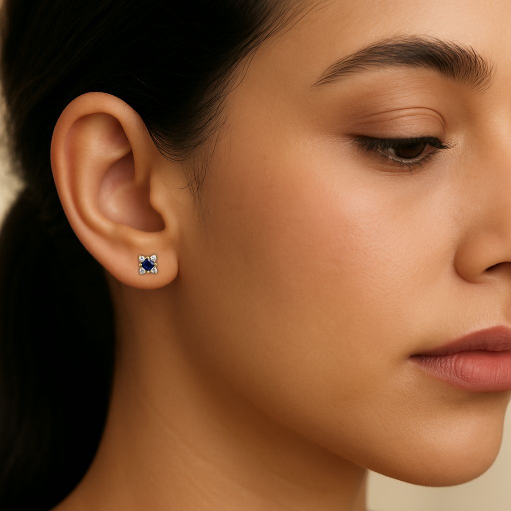 Sapphire Stud  Earrings – 18K Gold Micron Plated Princess-Cut with Zircon Halo
