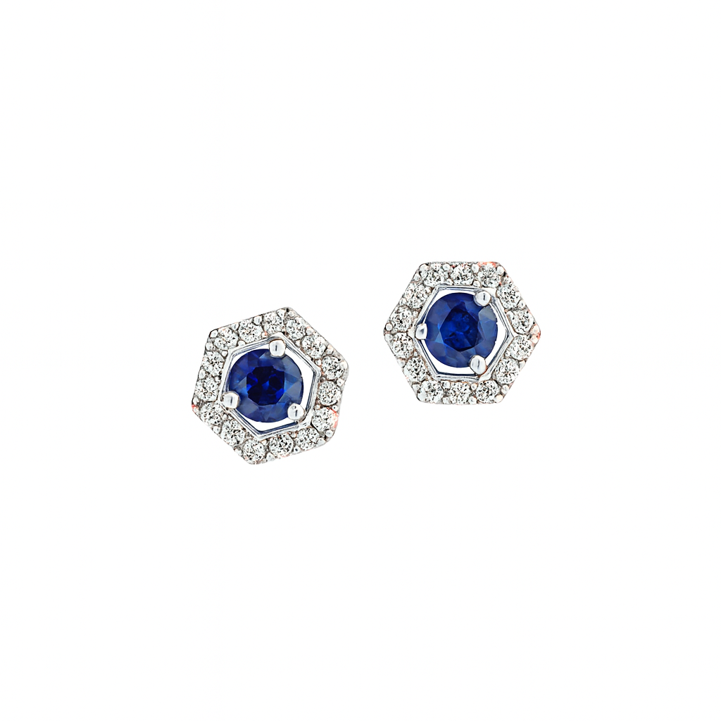 Sapphire Stud Earrings – Rhodium Plated Hexagon Halo Design