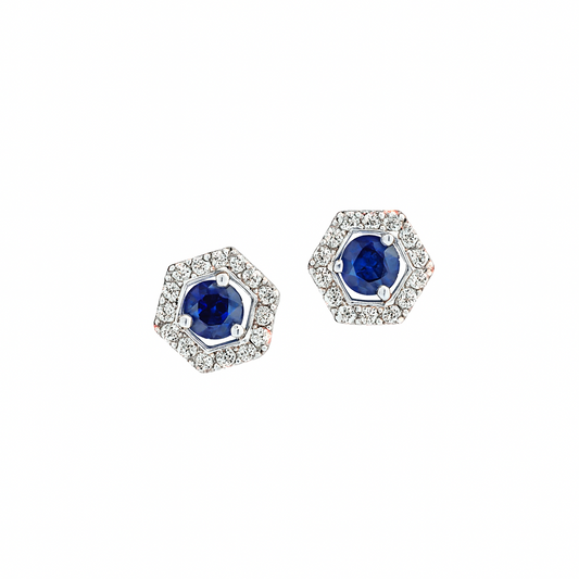 Sapphire Stud Earrings – Rhodium Plated Hexagon Halo Design