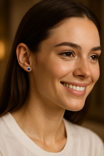 Sapphire Stud  Earrings – Rhodium Plated Crown Design
