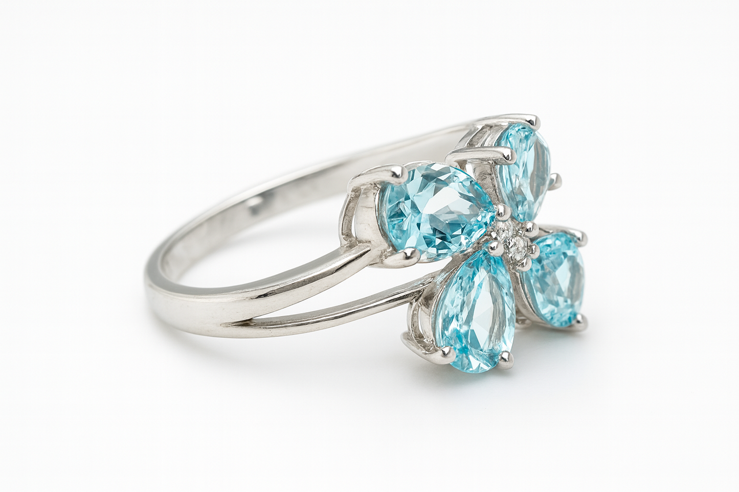 Aquamarine Floral Sterling Silver Ring – Rhodium Plated