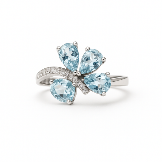 Aquamarine Floral Sterling Silver Ring – Rhodium Plated