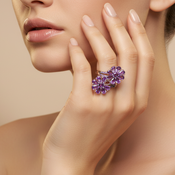 Amethyst Floral  Ring – Sterling Silver