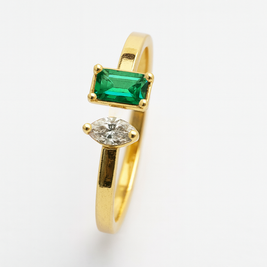 Emerald & Zircon Ring – 18K Gold Micron Plated Open Band Design