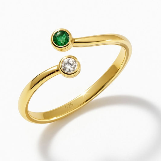 Emerald & Zircon Ring – 18K Gold Micron Plated Open Adjustable Design