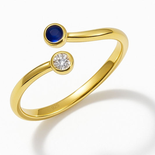 Sapphire & Zircon Ring – 18K Gold Micron Plated Open Adjustable Design