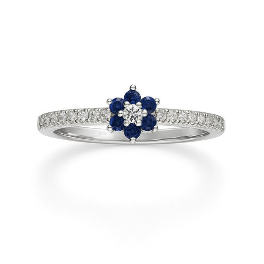 Sapphire & Zircon Ring – Rhodium Plated Floral Design