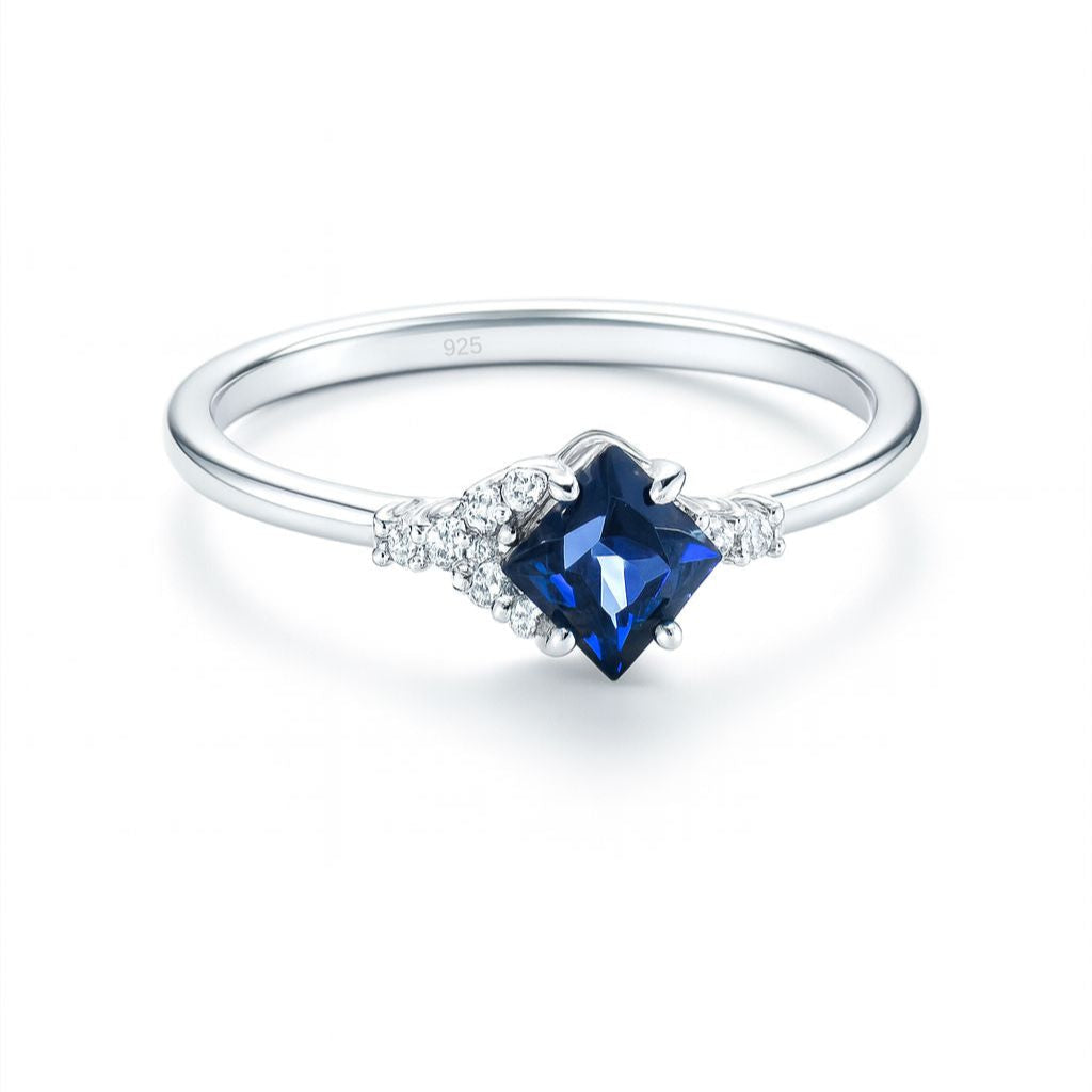 Blue Sapphire Ring – Rhodium Plated Princess-Cut with Zircon Accents