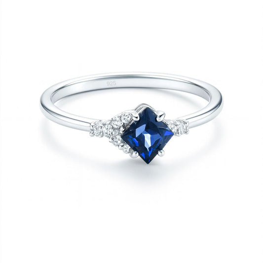 Blue Sapphire Ring – Rhodium Plated Princess-Cut with Zircon Accents