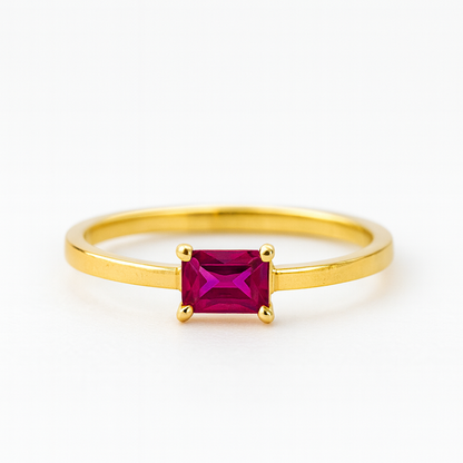 Ruby Ring – 18K Gold Micron Plated Baguette-Cut Solitaire