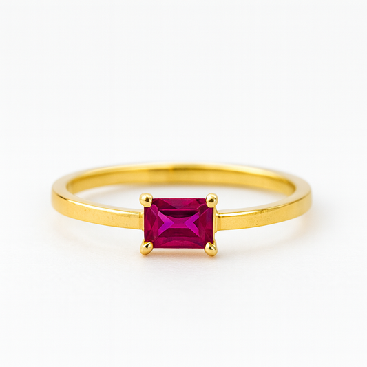 Ruby Ring – 18K Gold Micron Plated Baguette-Cut Solitaire