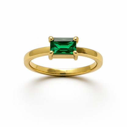 Emerald Ring – 18K Gold Micron Plated Baguette-Cut Solitaire