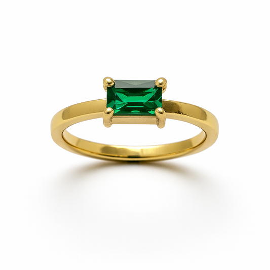 Emerald Ring – 18K Gold Micron Plated Baguette-Cut Solitaire