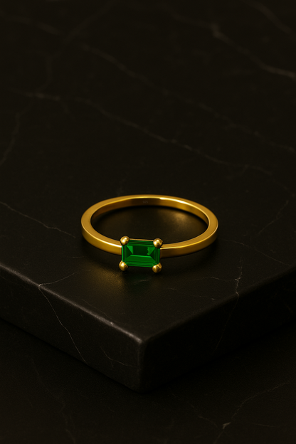 Emerald Ring – 18K Gold Micron Plated Baguette-Cut Solitaire