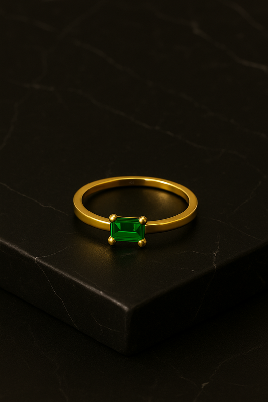 Emerald Ring – 18K Gold Micron Plated Baguette-Cut Solitaire