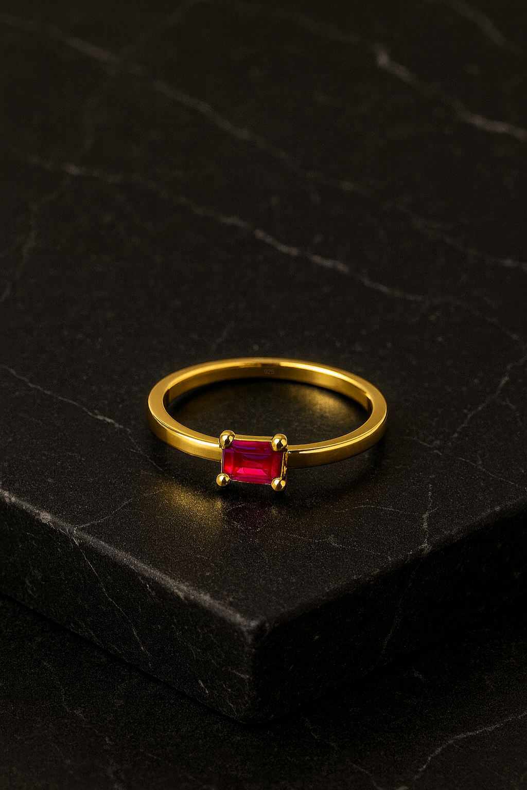 Ruby Ring – 18K Gold Micron Plated Baguette-Cut Solitaire