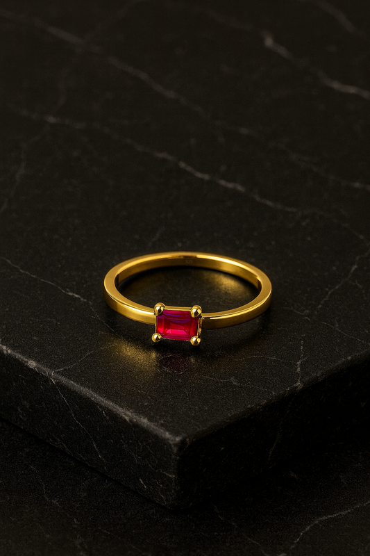 Ruby Ring – 18K Gold Micron Plated Baguette-Cut Solitaire