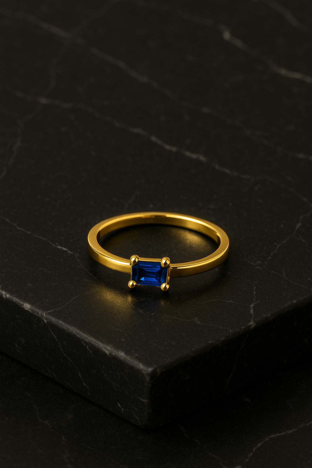 Sapphire Ring – 18K Gold Micron Plated Baguette-Cut Solitaire
