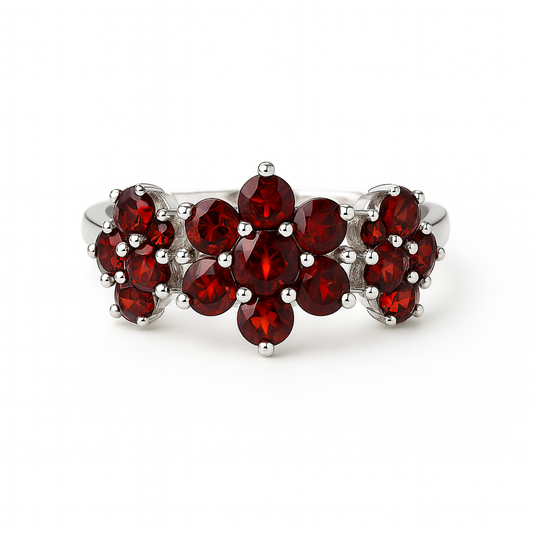 Garnet Blossom Silver Ring