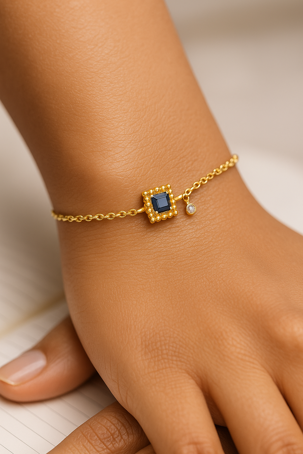 Blue Sapphire Bracelet 18K Gold Micron Plated with Beaded Frame