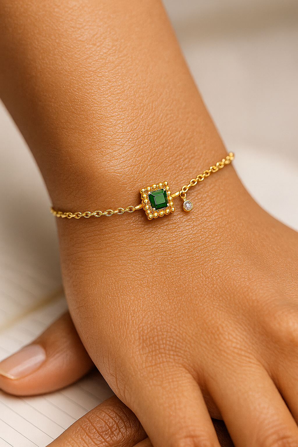 18K Gold Micron Plated with Beaded Frame-Emerald Green Bracelet