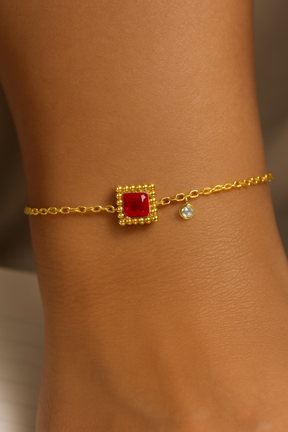 18K Gold Micron Plated with Beaded Frame-Ruby Red Bracelet