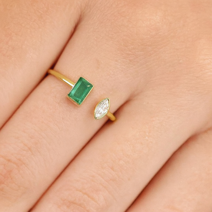 Emerald & Zircon Ring – 18K Gold Micron Plated Open Band Design