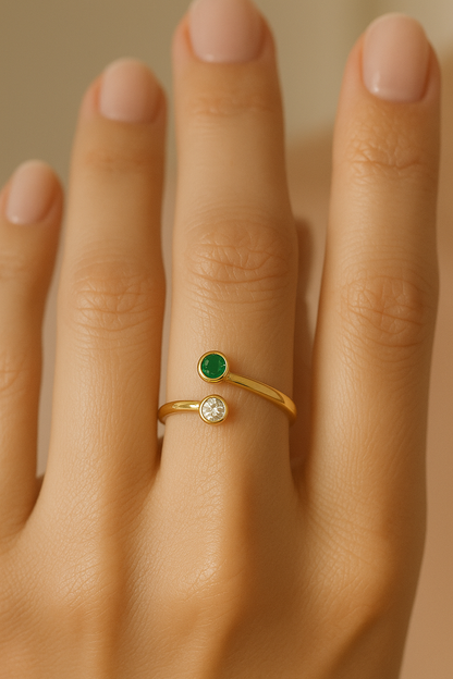Emerald & Zircon Ring – 18K Gold Micron Plated Open Adjustable Design
