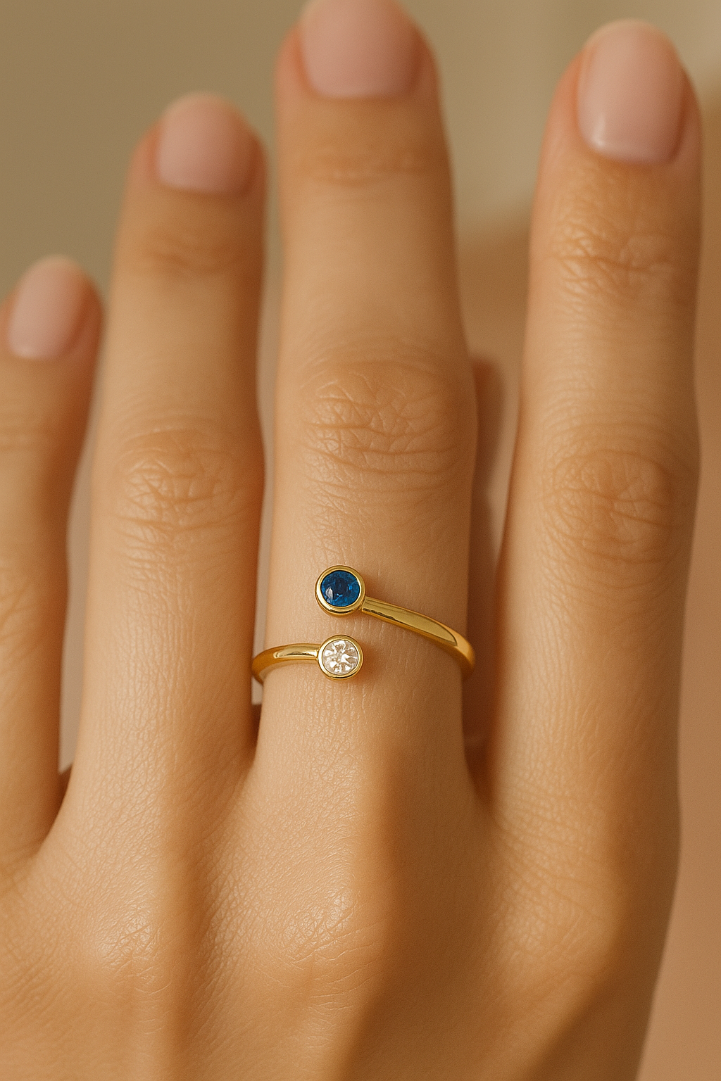 Sapphire & Zircon Ring – 18K Gold Micron Plated Open Adjustable Design